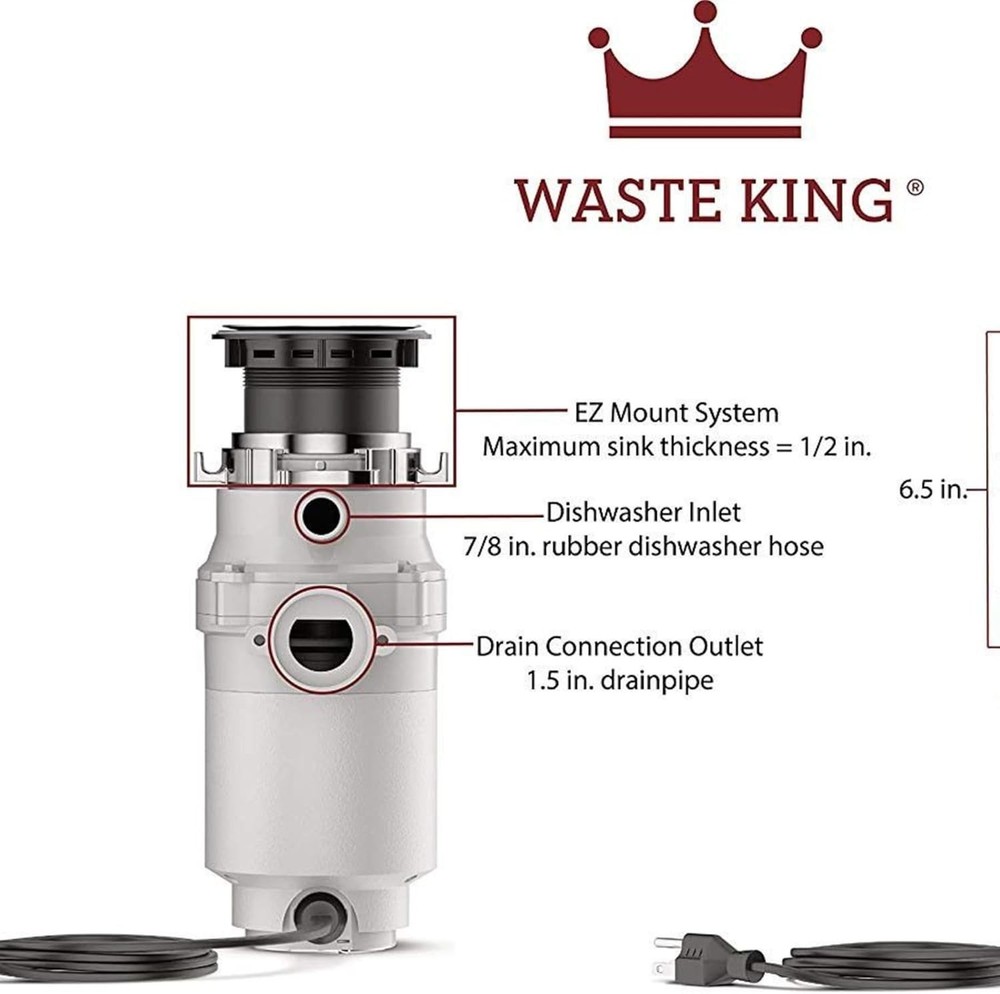 Compact 1/2 HP Garbage Disposal - Continuous Feed, EZ Mount, Plug-in, Reliable