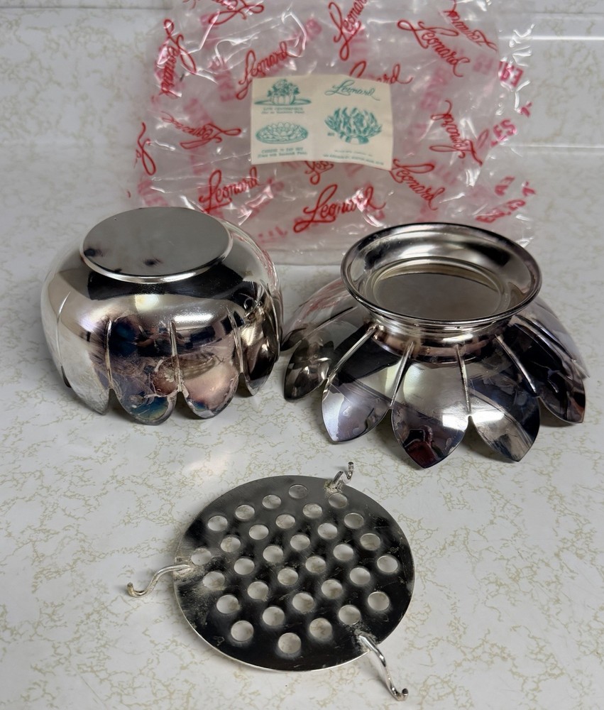 Leonard Lotus Bowl Centerpiece 3 Piece Set Made In Italy Silver Flower Frog