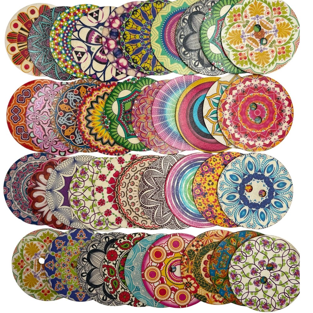 Decorative Wood Buttons with Mandala Patterns, 3 Inch, 20 Pack, Multicolor St...