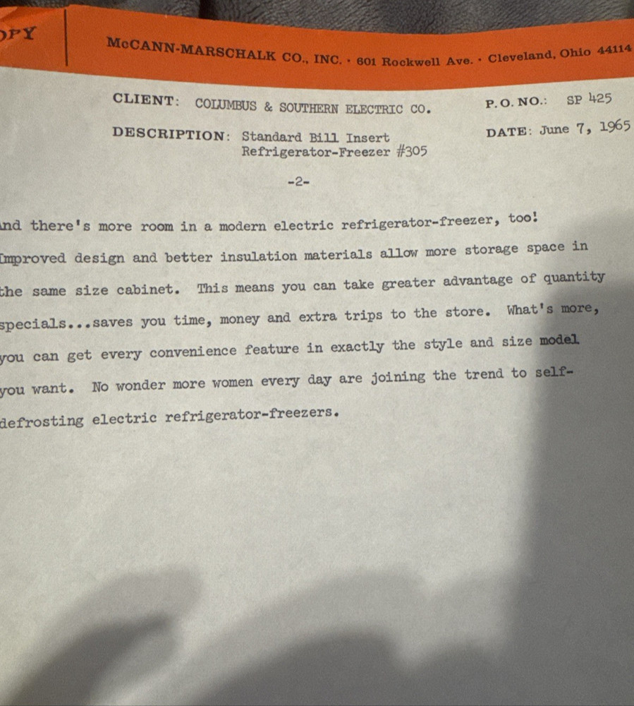 AD COPY TV SCRIPT 1965 McCANN-ERICKSON Ohio Modern SELF-DEFROSTING REFRIGERATOR
