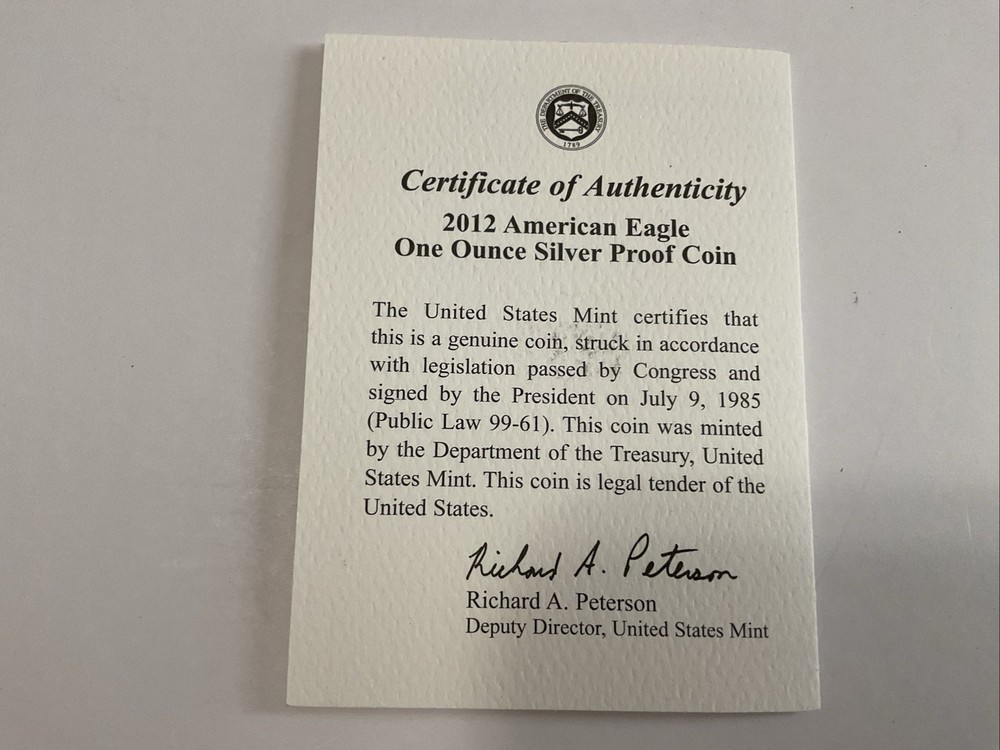 2012-W Proof American Silver Eagle Box, OGP & COA