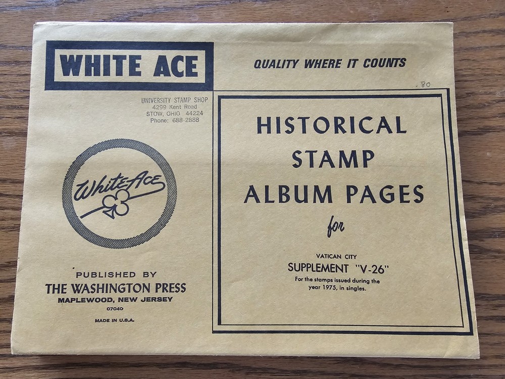 White Ace Stamp Supplement Vatican City V-26 for 1975 Singles NOS