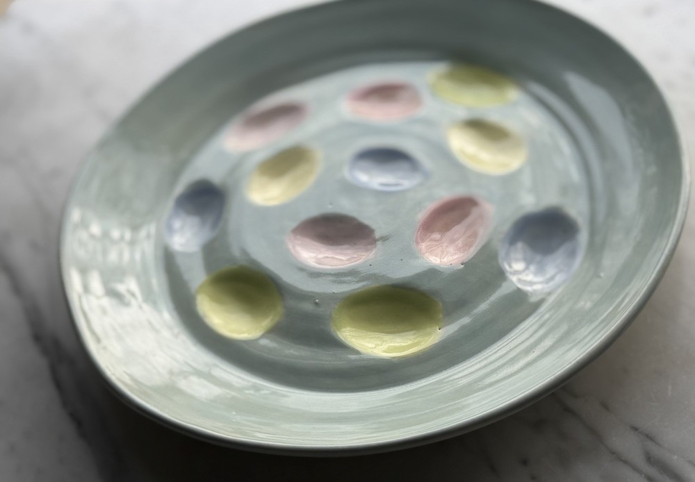 9.5” Deviled Egg Serving Dish, Handmade Pottery, Pastel Colors, Spring, Easter