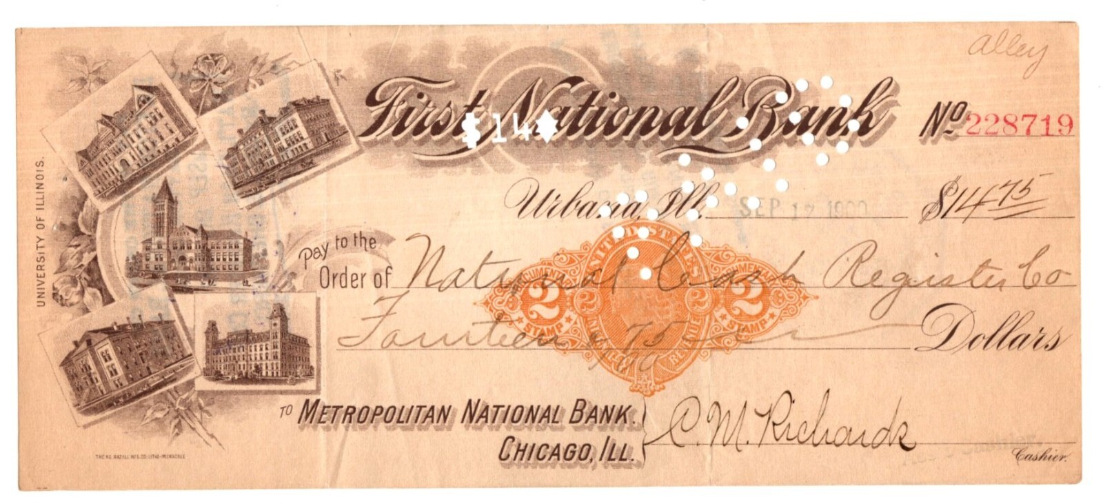 1900 UNIVERSITY OF ILLINOIS URBANA - VIGNETTE -F1RST NAT BANK CHECK 2¢ DOC STAMP