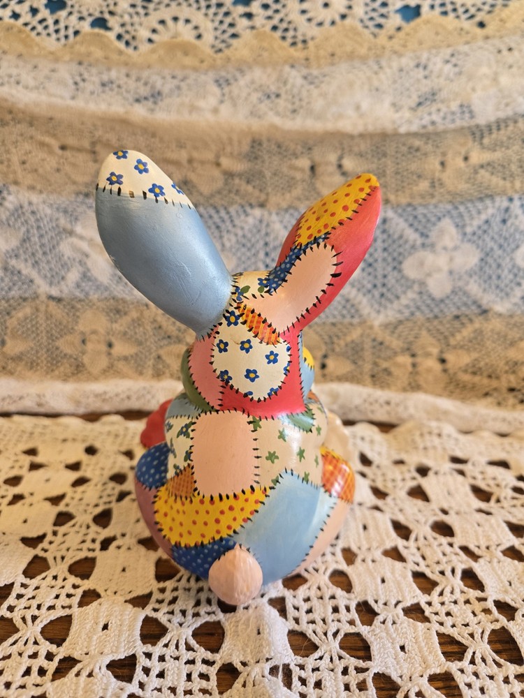 Vintage Hand Painted Ceramic Mold Easter Bunny Rabbit Patchwork 1977 6.5"