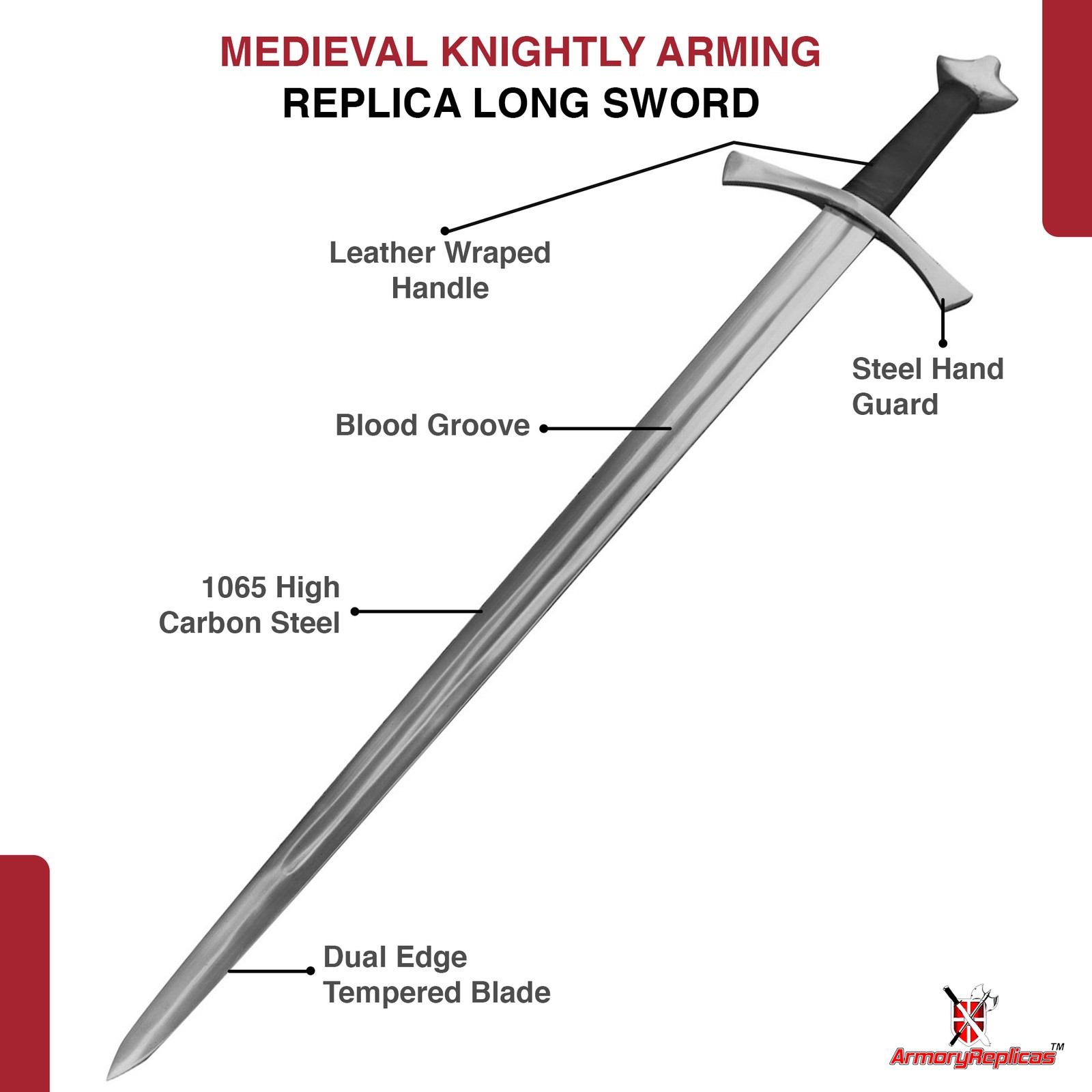 Medieval Arming Long Sword 1065 Steel Full Tang Battle Ready w/ Leather Scabbard