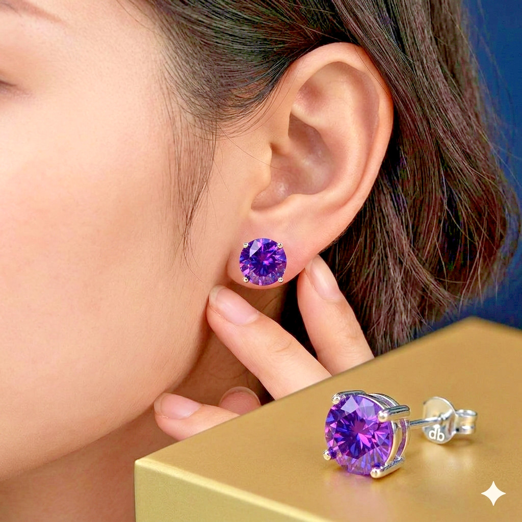 6 Ct Purple Diamond Solitaire Studs, Great Sparkle - 925 Silver-Tariffs FREE