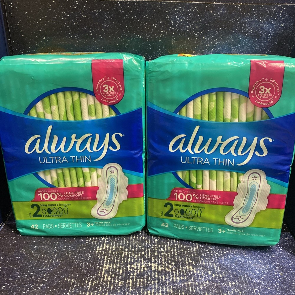 2X Always Ultra Thin Pads 42Ct Ea Size 2 Long Super Absorbency Unscented w/Wings