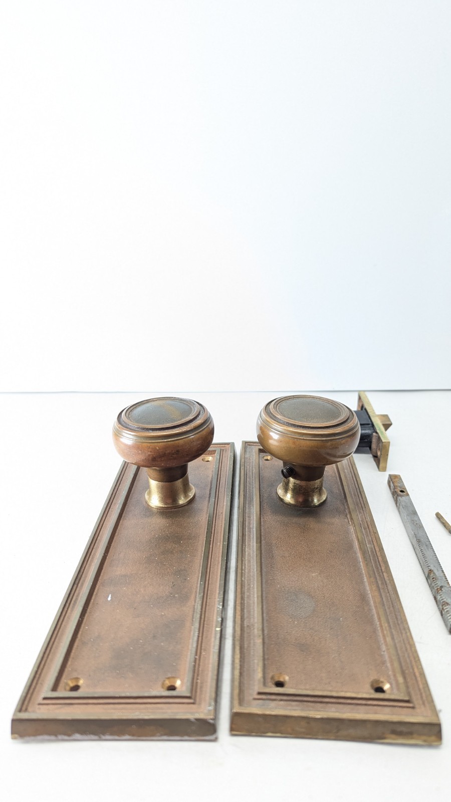 Heavy Brass 1920s Art Deco Corbin Set Door Knobs, Plates, Mortise MORE AVAILABLE