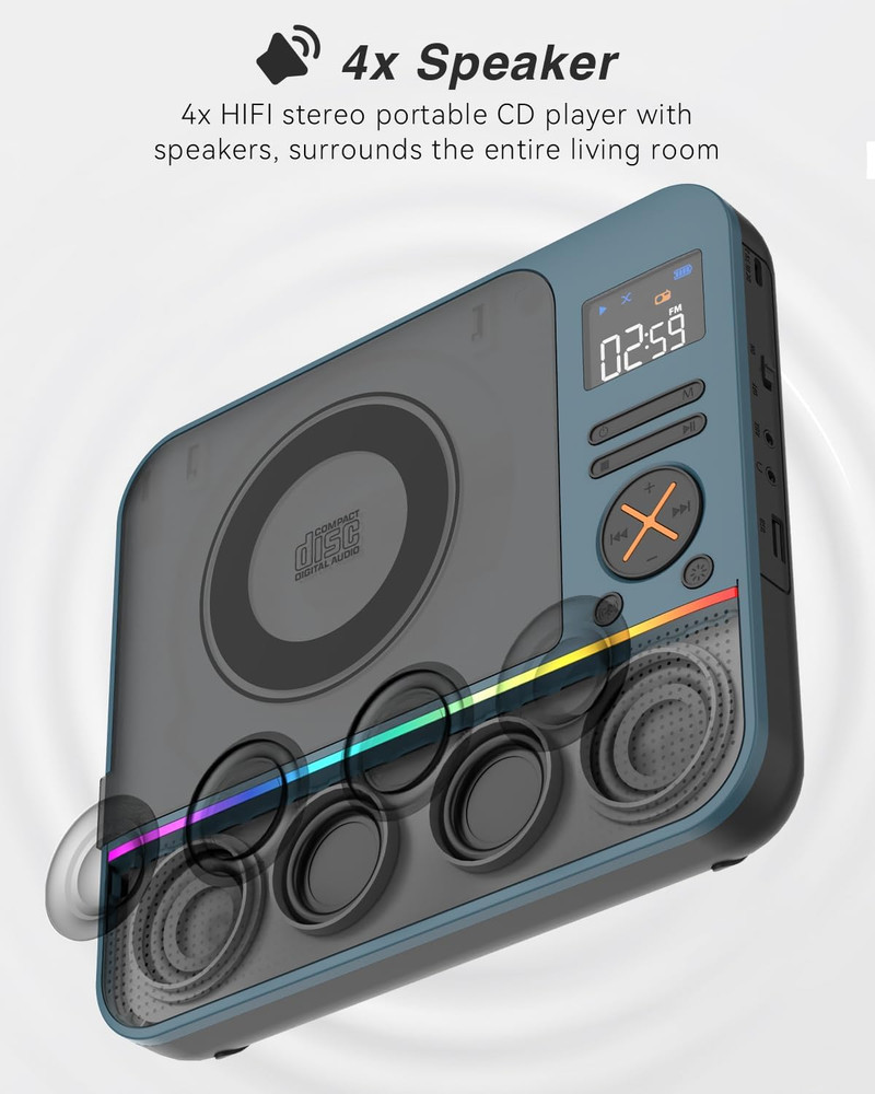 CD Player Portable, Hifi Stereo Portable CD Player with Bluetooth, Desktop Play