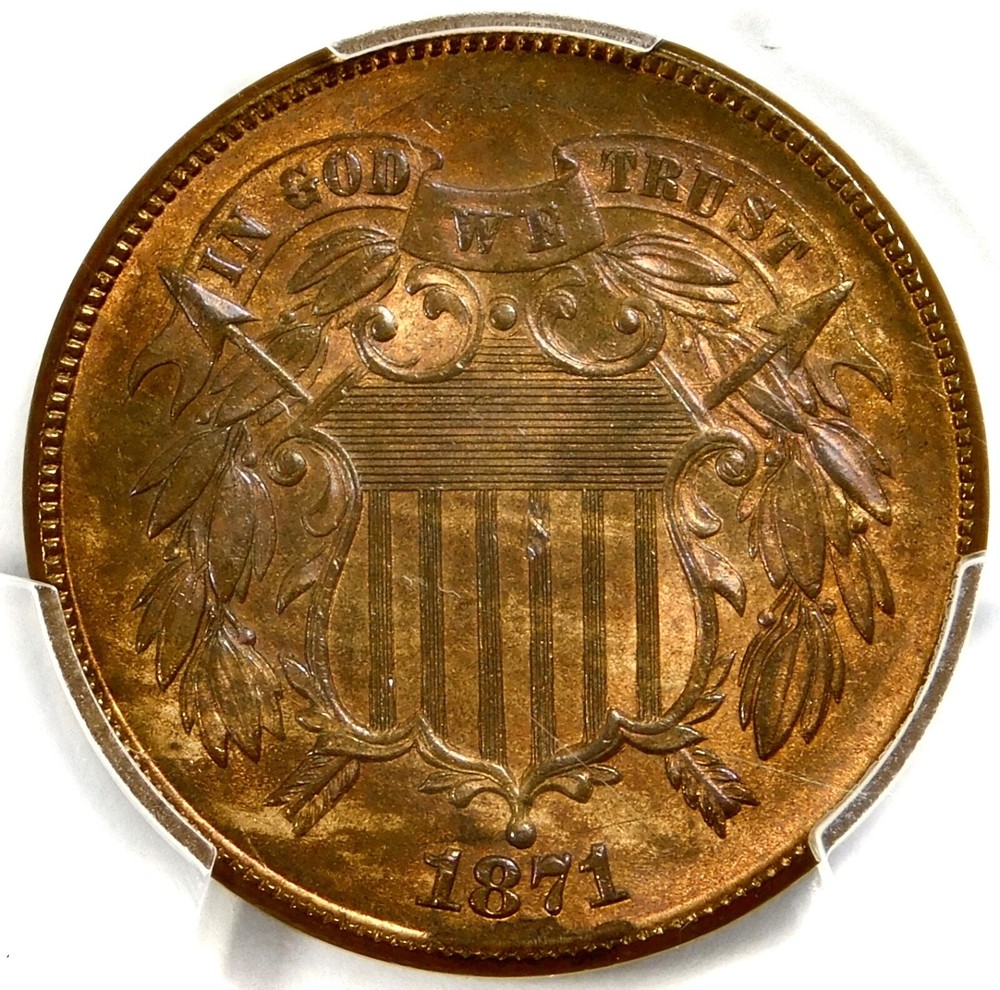 💥❤️🤎🧡❤️‍🔥😍PCGS MS64 RB 1871 2 CENT PIECE