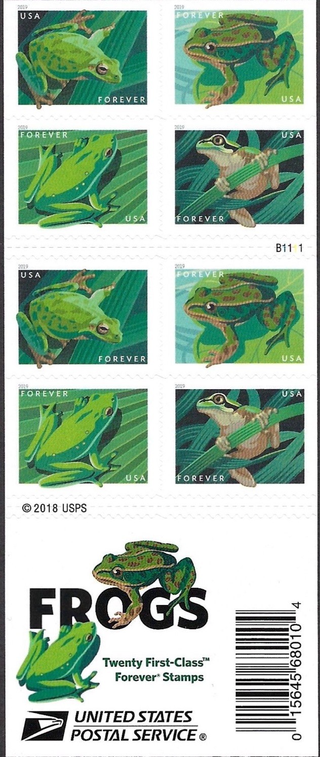 2019 USPS SHEET OF 20 FIRST CLASS LETTER STAMPS FROGS 78¢