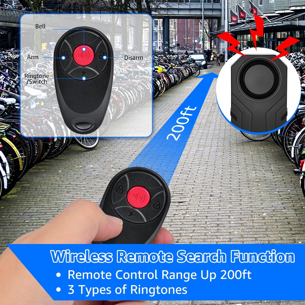 1× Security Alarm for Bikes/Ebikes 7-Level Sensitivity Waterproof Easy Install