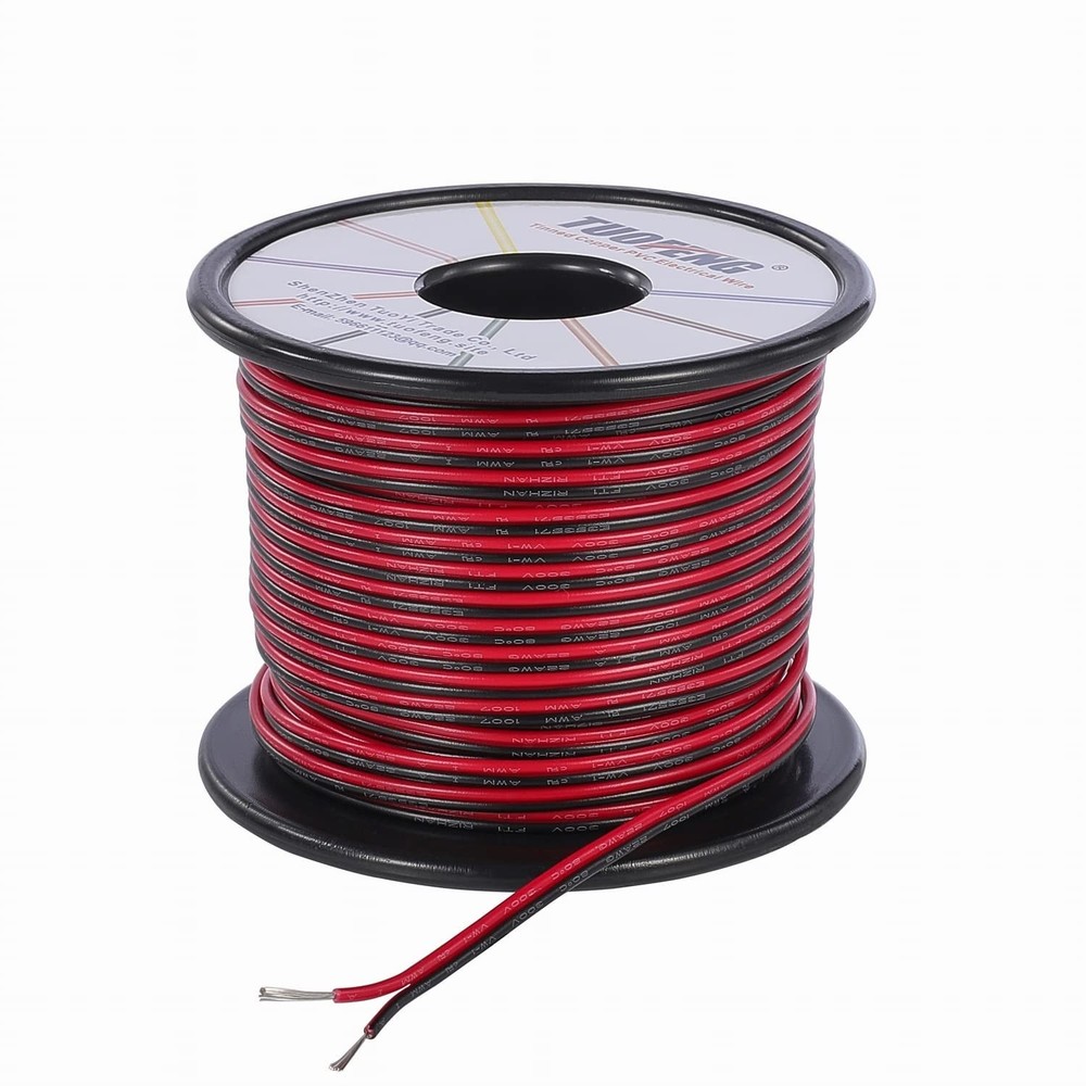 22 AWG Electrical Wire - Versatile 100ft Red/Black 2-Pin DC Cable