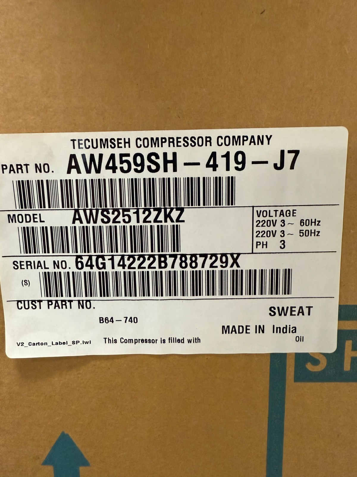 Tecumseh comp-AWS2512ZKZ- 2 1/4 hp 208-230.v 3ph 9100 Btu R404A R448A