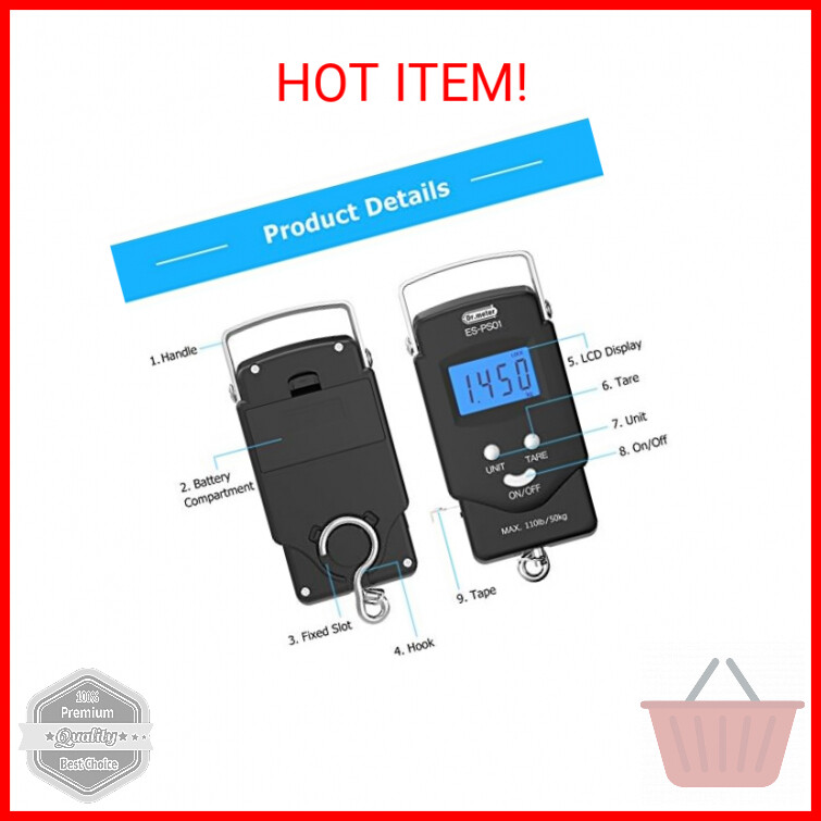Digital Fish Scale with Backlit LCD Display - 110lb/50kg Capacity - Built-in Mea