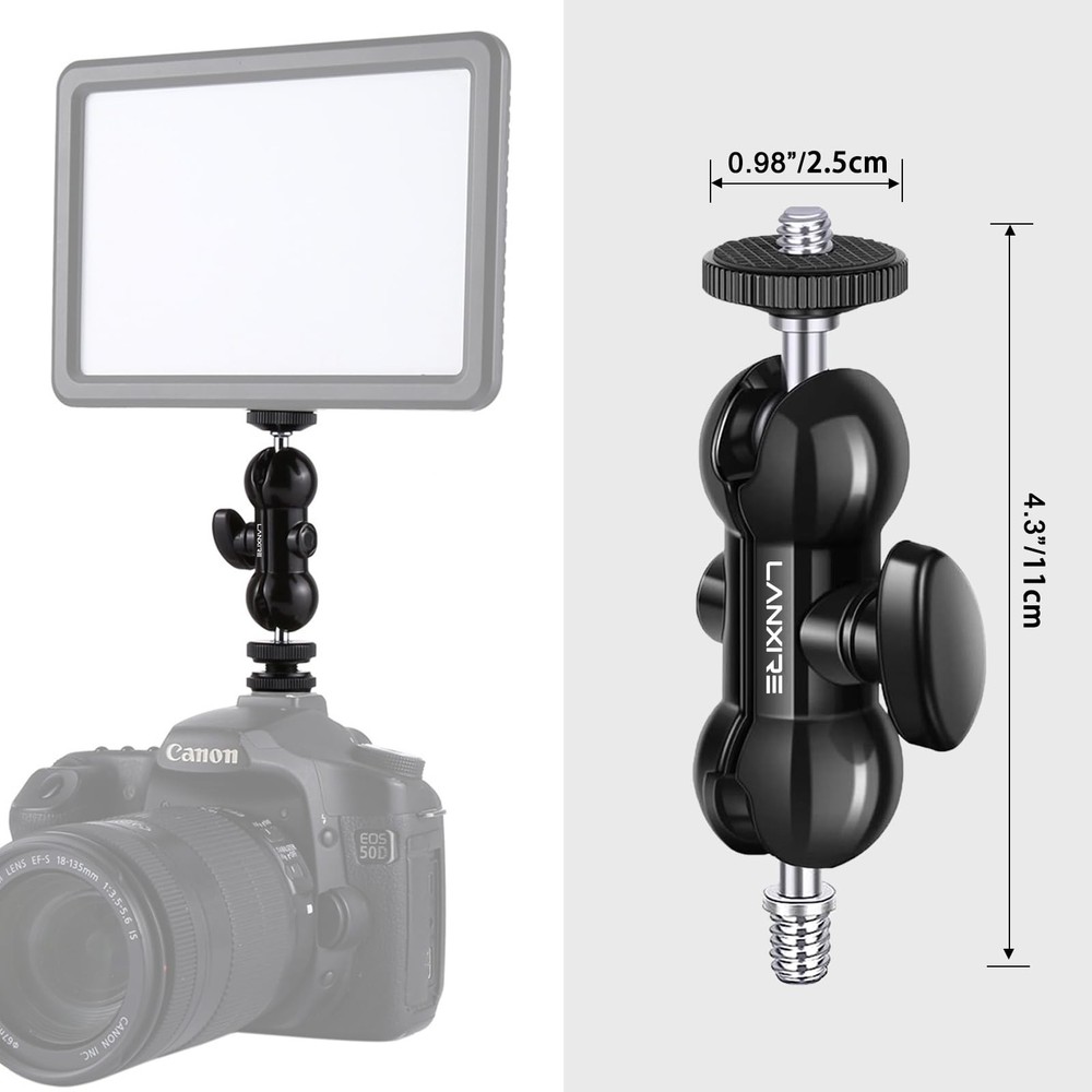 Lanxire Mini Magic Arm Multi-Function Double Ball Head with 1/4" Small, Black