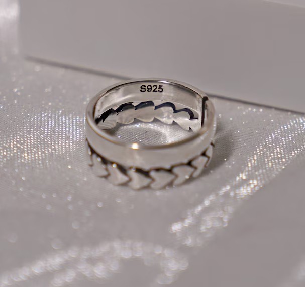 Solid 925Sterling Silver Heart & Polished Flat Double Layered Band Handmade Ring