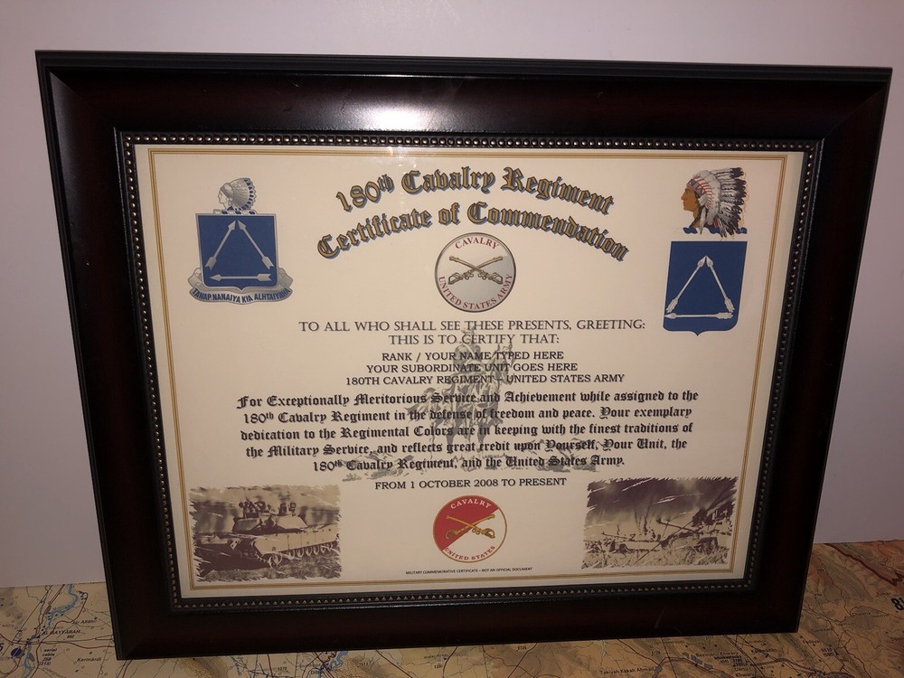 180TH U.S. CAVALRY REGIMENT / COMMEMORATIVE - CERTIFICATE OF COMMENDATION