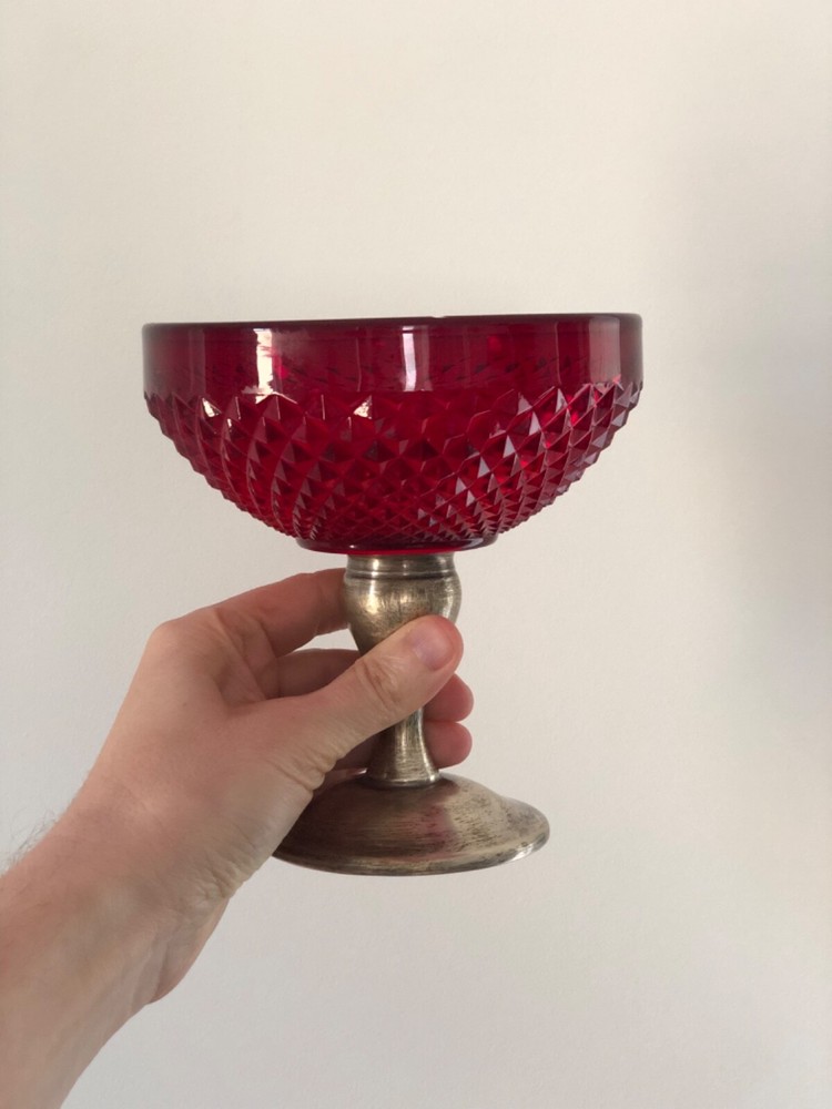 Vintage Alvin Sterling Silver and Ruby Diamond Point Serving Bowl