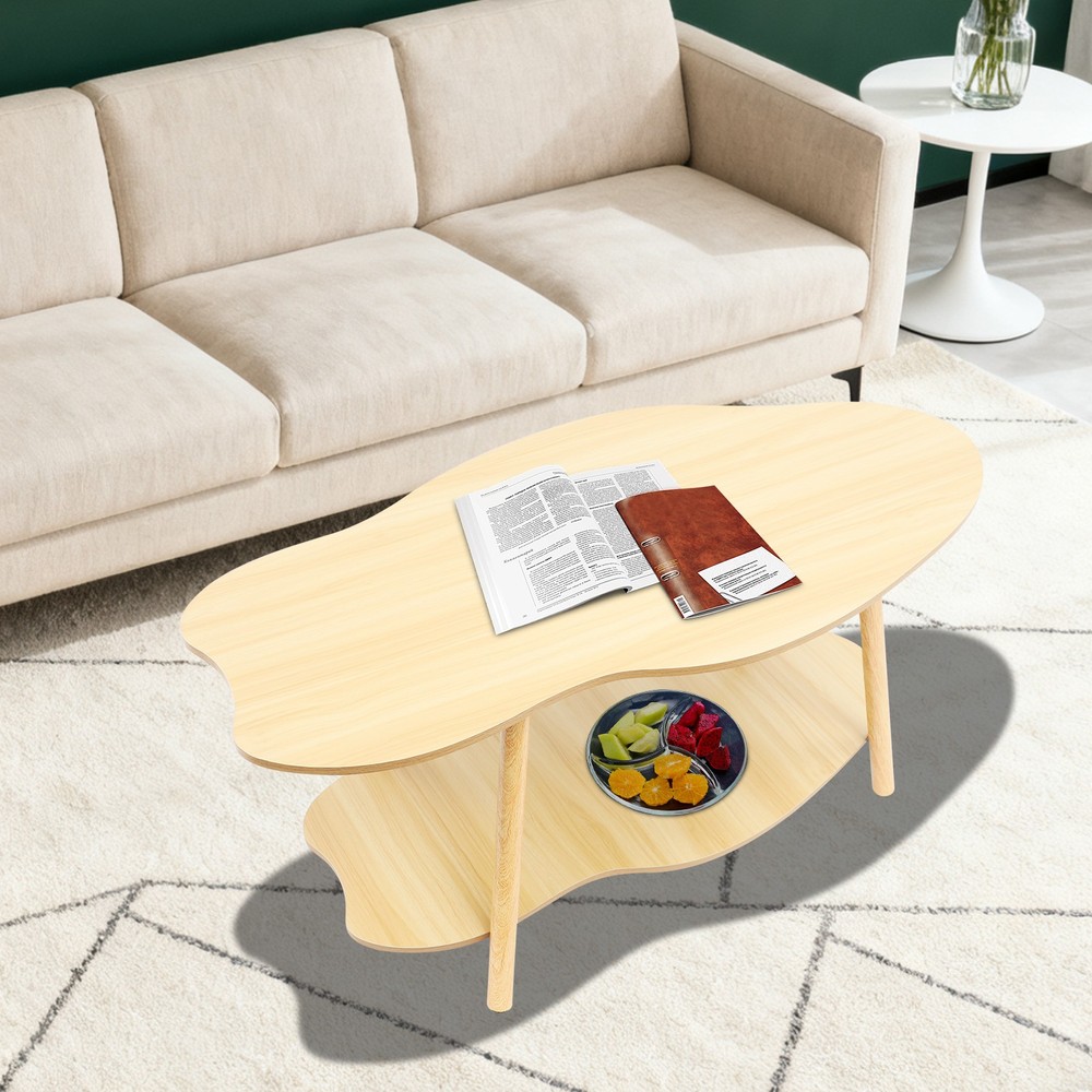 Cloud-shaped Coffee Table Double Layer Center Table for Living Room Light Walnut