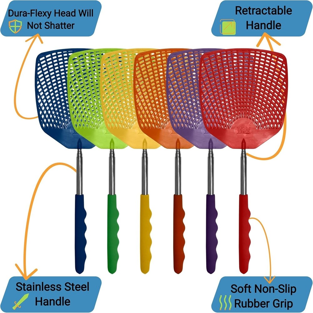Lightweight Extra Long Fly Swatter Set - Durable Telescopic Pest Control 6 Pack