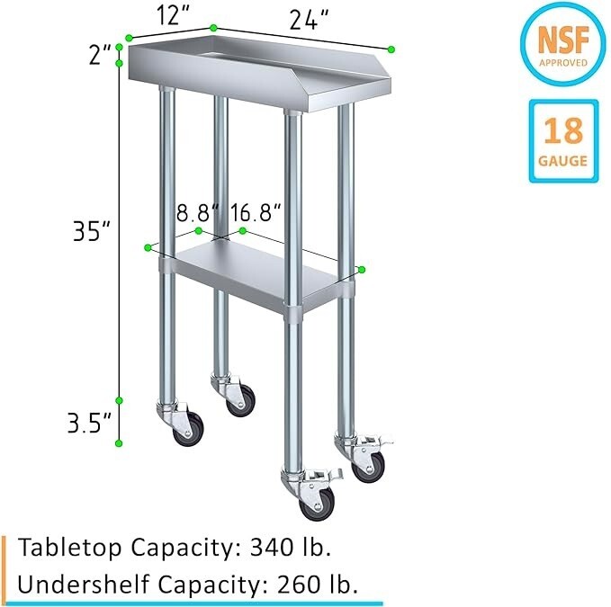 Commercial Work Table with Backsplash and Sideguards with Casters 24" x 12"