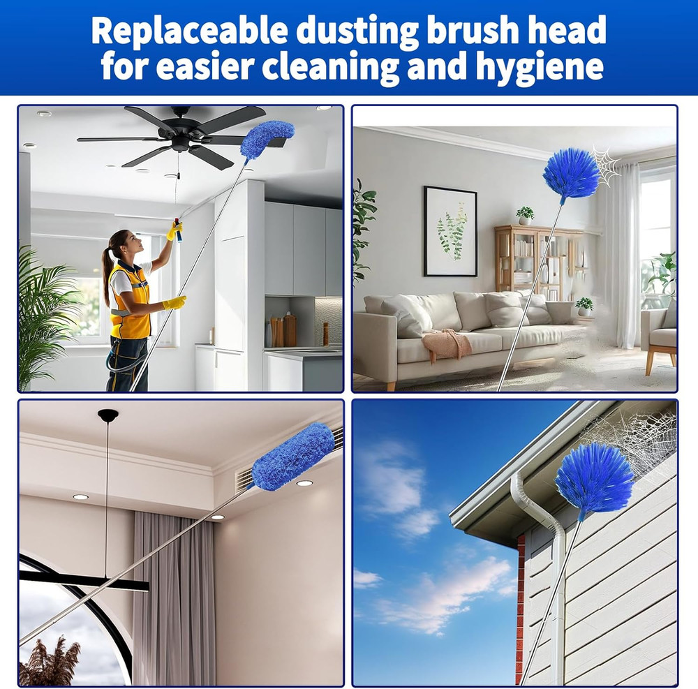 Cobweb Duster with Extension Pole, Washable Cleaning Duster Set with 2 Duster He