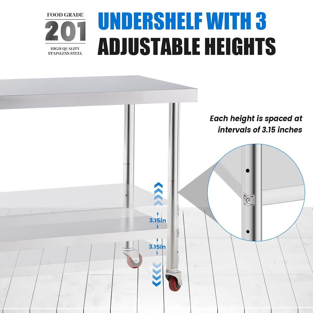 Stainless Steel Table for Prep & Work with 4 Caster Wheels with Adjustable Under