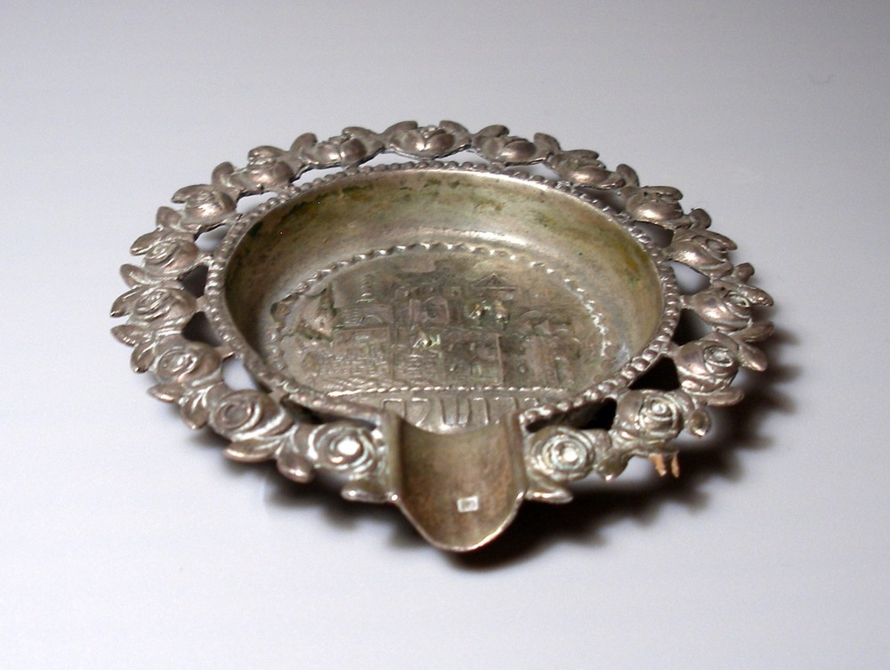 Antique Old Jerusalem 800 Solid Silver Ashtray Judaica Roses Piercing