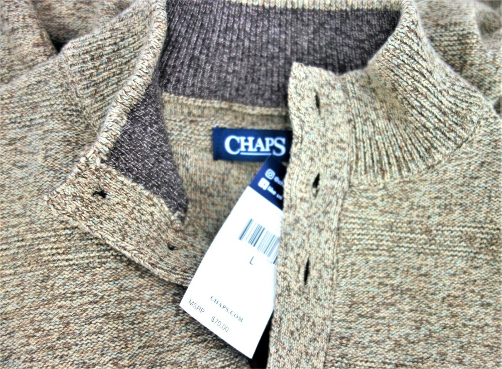 Large Chaps RL 3 Button Sweater Knit Henley Pullover Mock Turtleneck