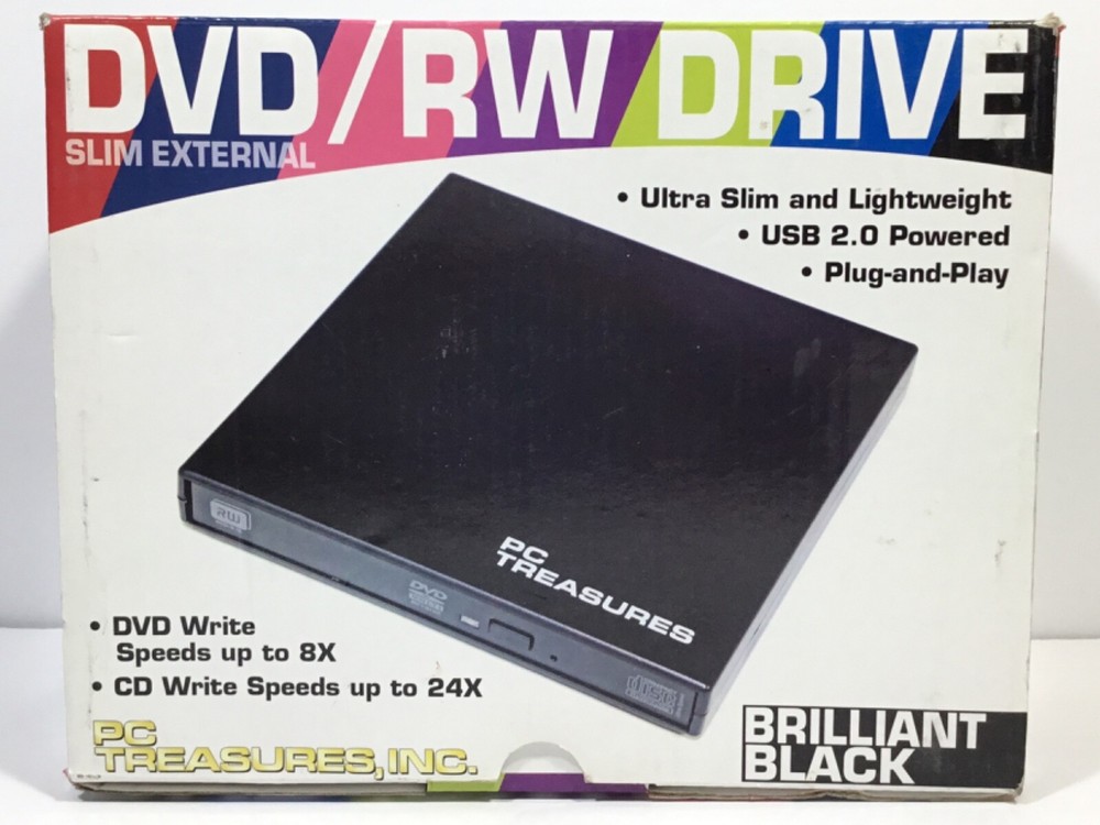 PC Treasures DVD ROM External Drive Slim Bright Black USB Powered