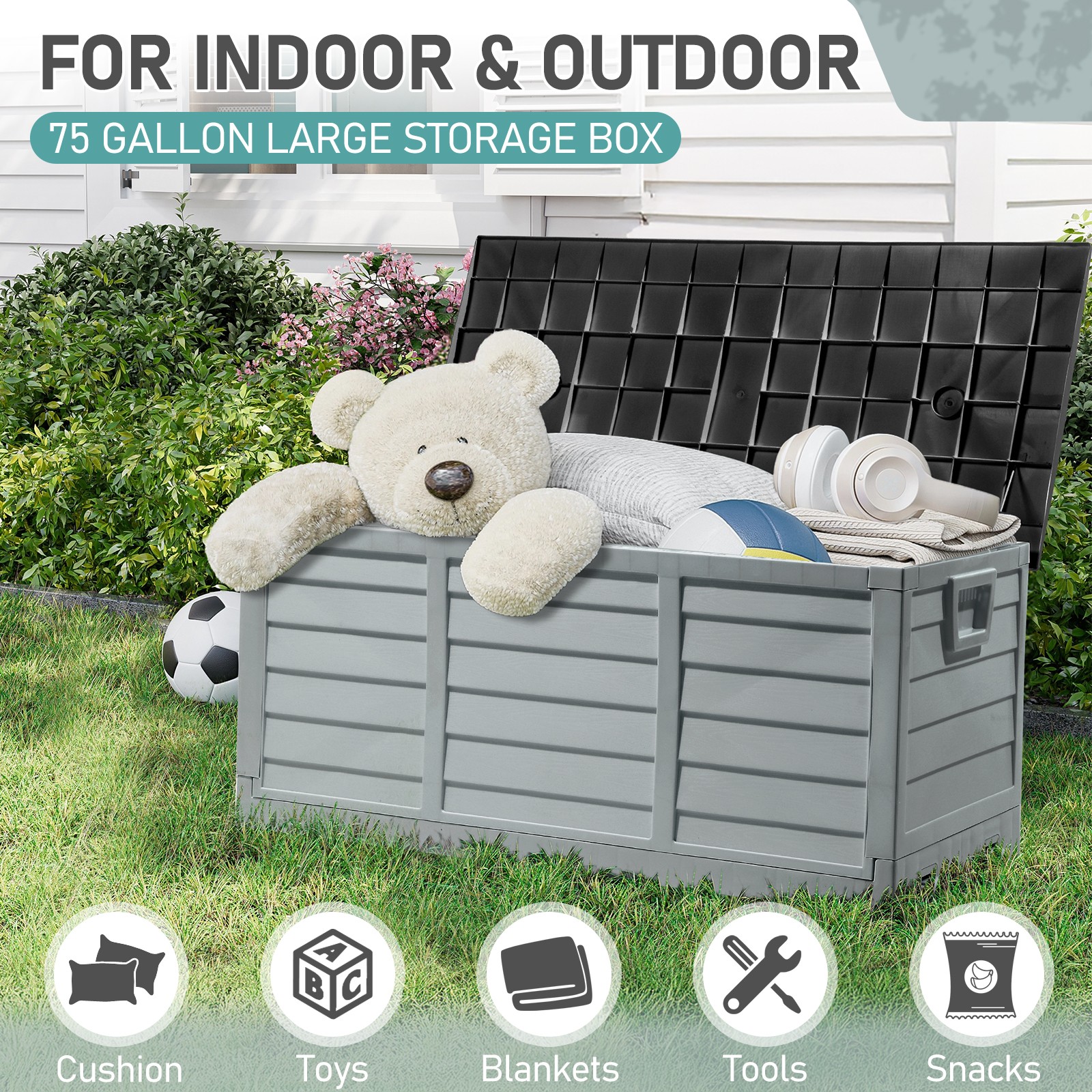 75 GAL Foldable Storage Deck Box Fast Installation with Wheels for In/Outdoor