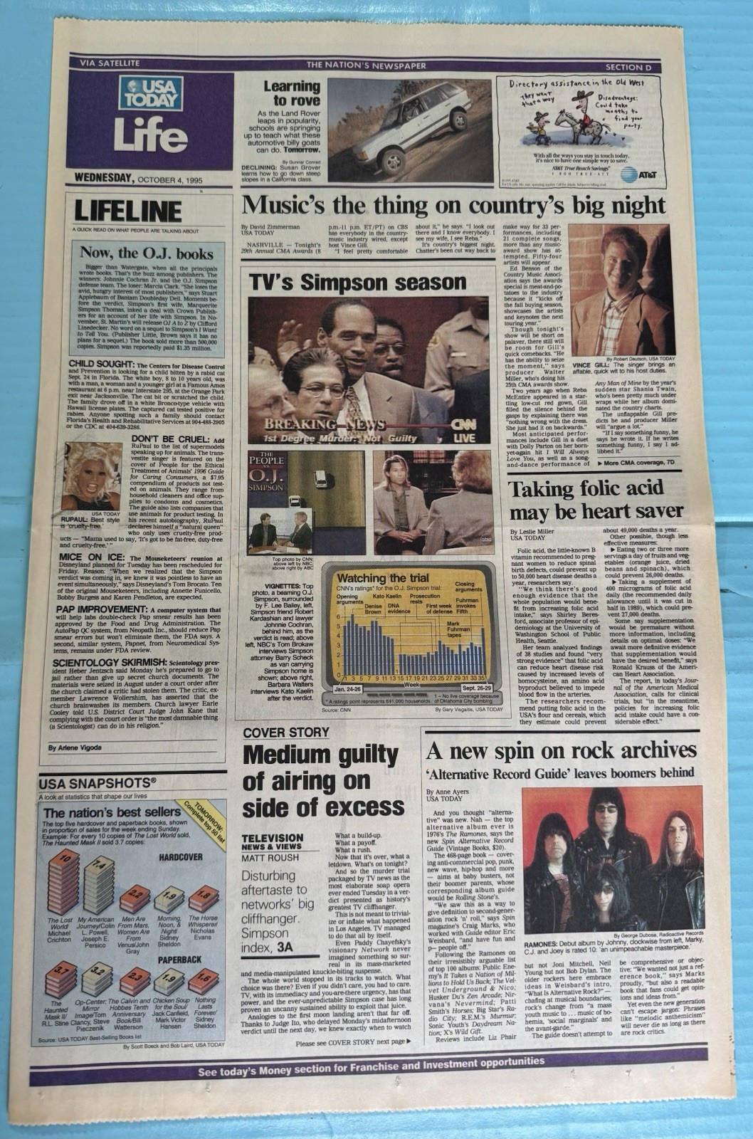 OJ Simpson Free Verdict Double Murder October 4th 1995 USA Today Newspaper