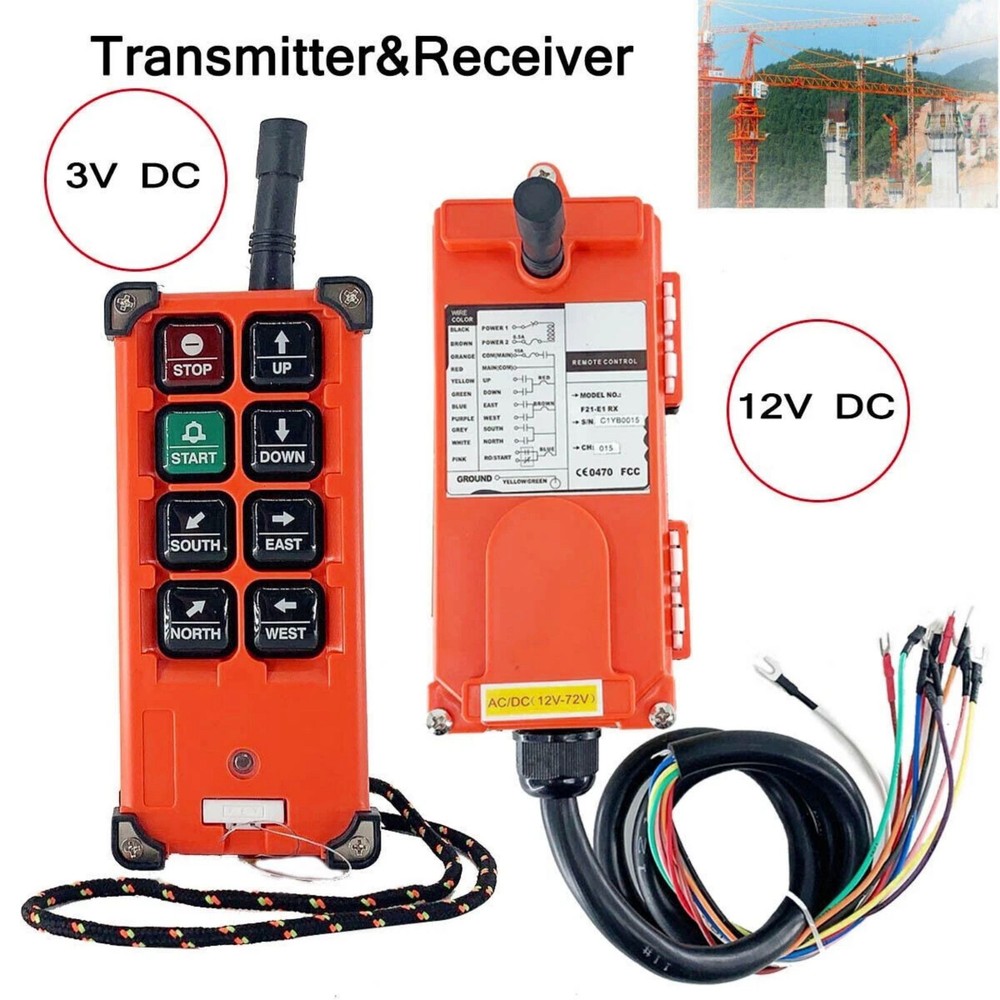 Wireless Crane Remote Control, 8-Button Transmitter + 1x Receiver, 12V-72V