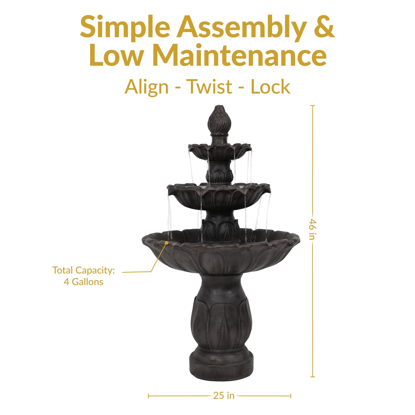 Sunnydaze Classic Tulip 3-Tier Outdoor Fountain, Dark Brown