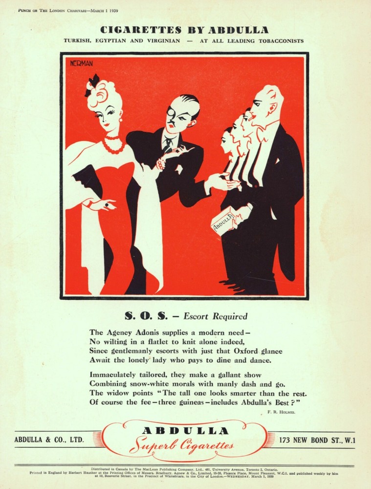 Rare Advertisement  EINAR NERMAN Illustrator ~ For ABDULLA CIGARETTES - 1939