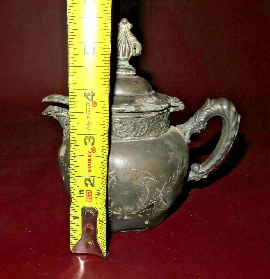 Antique Ornate Small Etched Silverplate Pitcher Teapot - As-Is - Poor Condition
