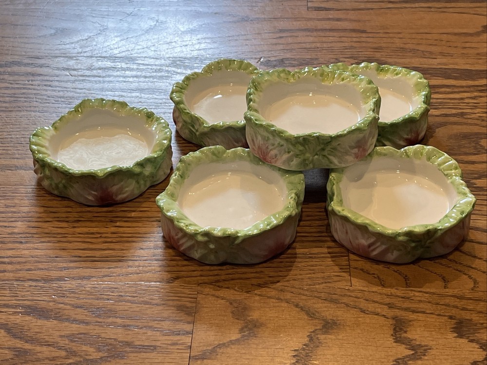 6 Vintage Cabbage Leaf Painted Ceramic Coasters 3” Inside Diameter