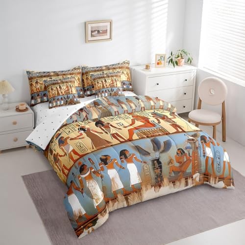 Ancient Egypt Bedding Set with Sheets Egyptian Pattern King Beige Blue