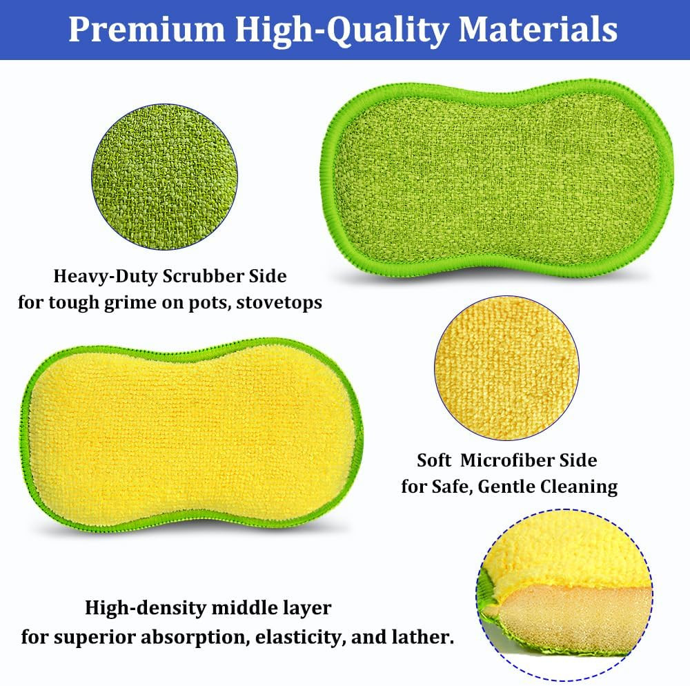 Dish Sponges Kitchen, 12 Pack Multi-Purpose Microfiber Scrub Sponge - Dual-Sided