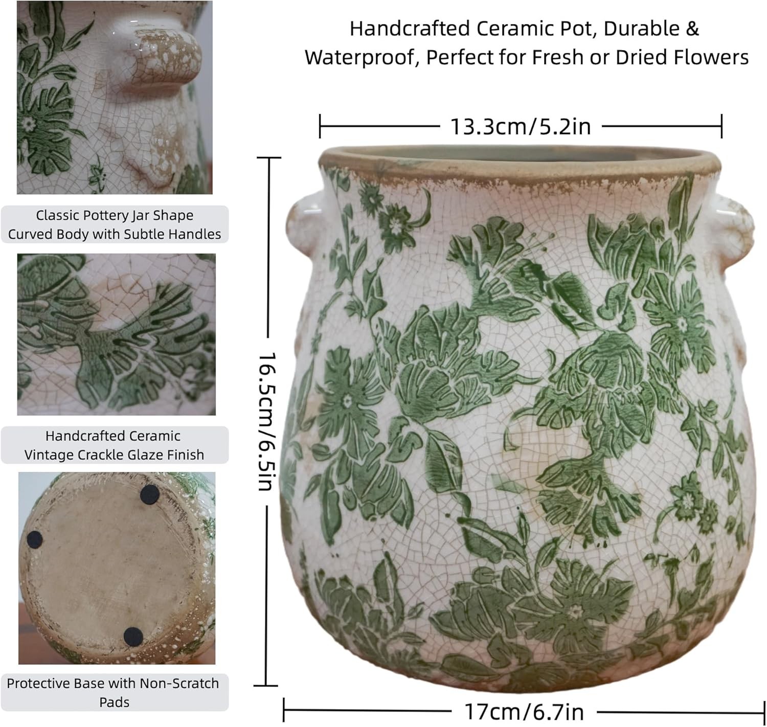 Vintage Green and White Ceramic Floral Vase Planter, Rustic Crackle Glaze Pot...