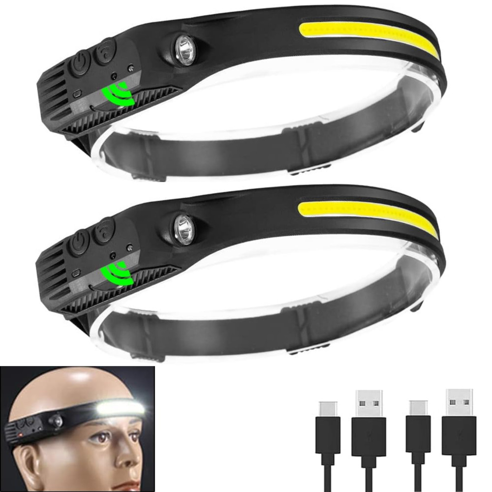 Sensor Headlamp COB LED Head Lamp Flashlight USB Rechargeable Head Torch - 2 Pcs