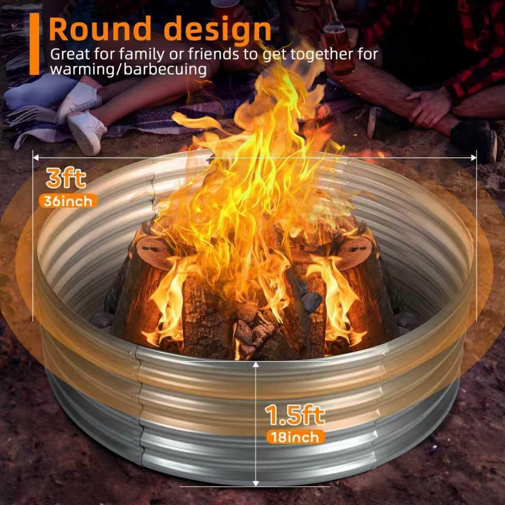 36 inch Fire Pit Ring, Galvanized Fire Ring 1.5ft high, Wood Burning Fire Pit...