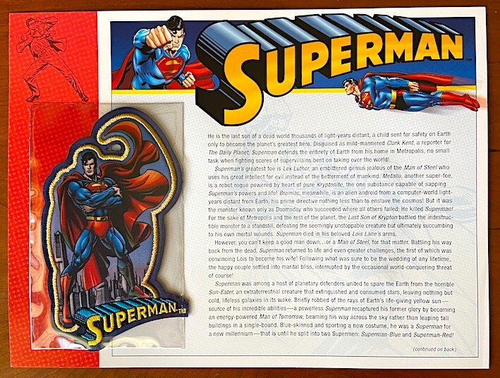 SUPERMAN PATCH on INFO CARD ~ from Willabee & Ward ~ DC COMICS PATCH COLLECTION