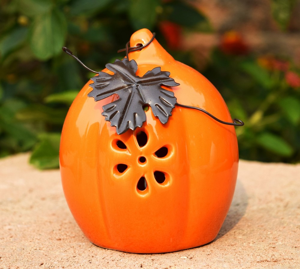 Ceramic Orange Pumpkin with Metal Maple Leaf Fall Table Decor