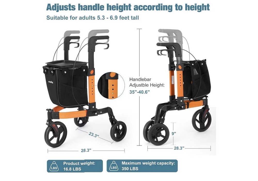 Rollator Walker All Terrain 10“Front 3 Wheel w Tray&Large Storage Bag Foldable