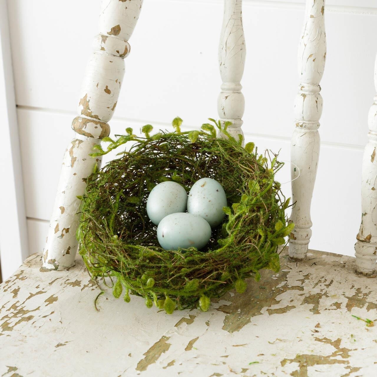 NEW Farmhouse BIRD NEST BLUE ROBINS EGGS TWIGGY MOSSY 2.5"H x 6"D Primitive