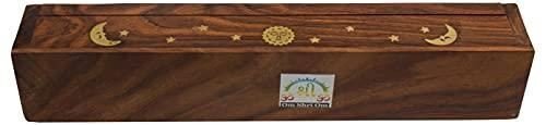 Coffin Style Wood Incense Burner Holder with Sun and Moon Inlays for Incense Sti
