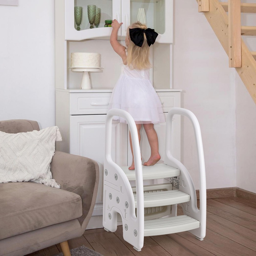 Safe 3-Step Stool for Kids Lightweight Plastic Standing Tower with Side Handles